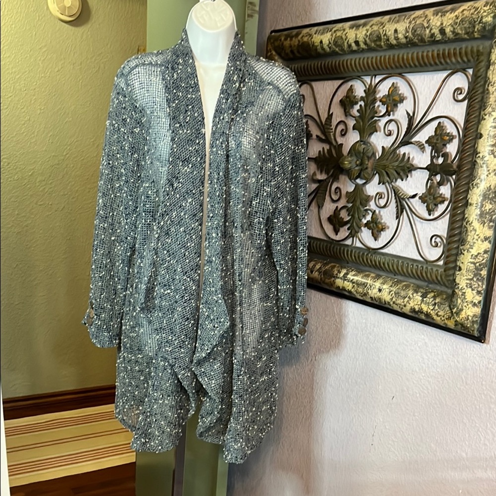 #18 EUC KEREN Hart Blue Open-Front Draped Cardigan - open crochet - Sz 2X